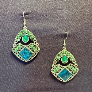 Vintage-Inspired Green and Blue Boho Statement Earrings